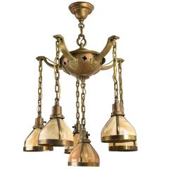Antique Cast Brass Arts and Crafts Chandelier with Carmel Slag Glass Shades, circa 1905