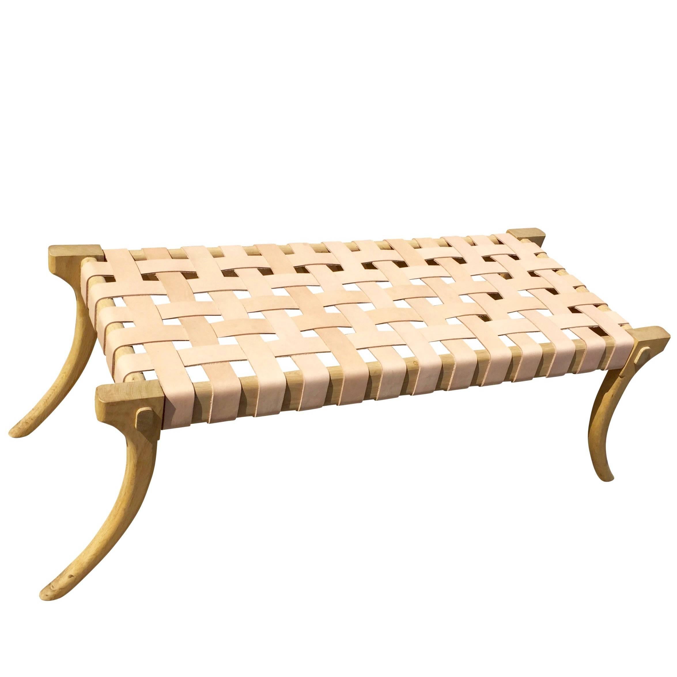 Lola Bench in White Oak with Leather Strapping by Haskell Klismos For Sale