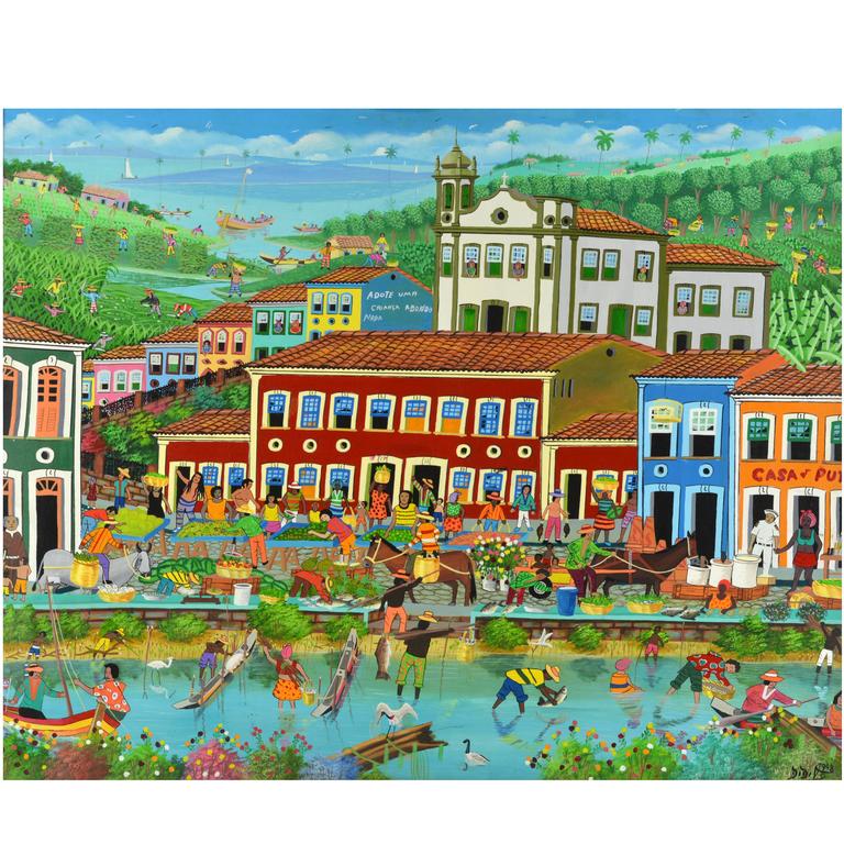 Market in Bahia, Brazil' Oil Painting by Noted Folk Artist Didito