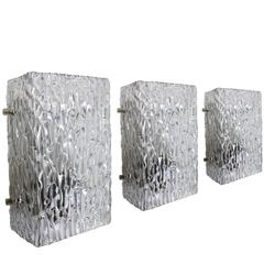 Set of Three Textured Ice Glass Wall Lights Sconces by J.T. Kalmar Austria 1960s 1