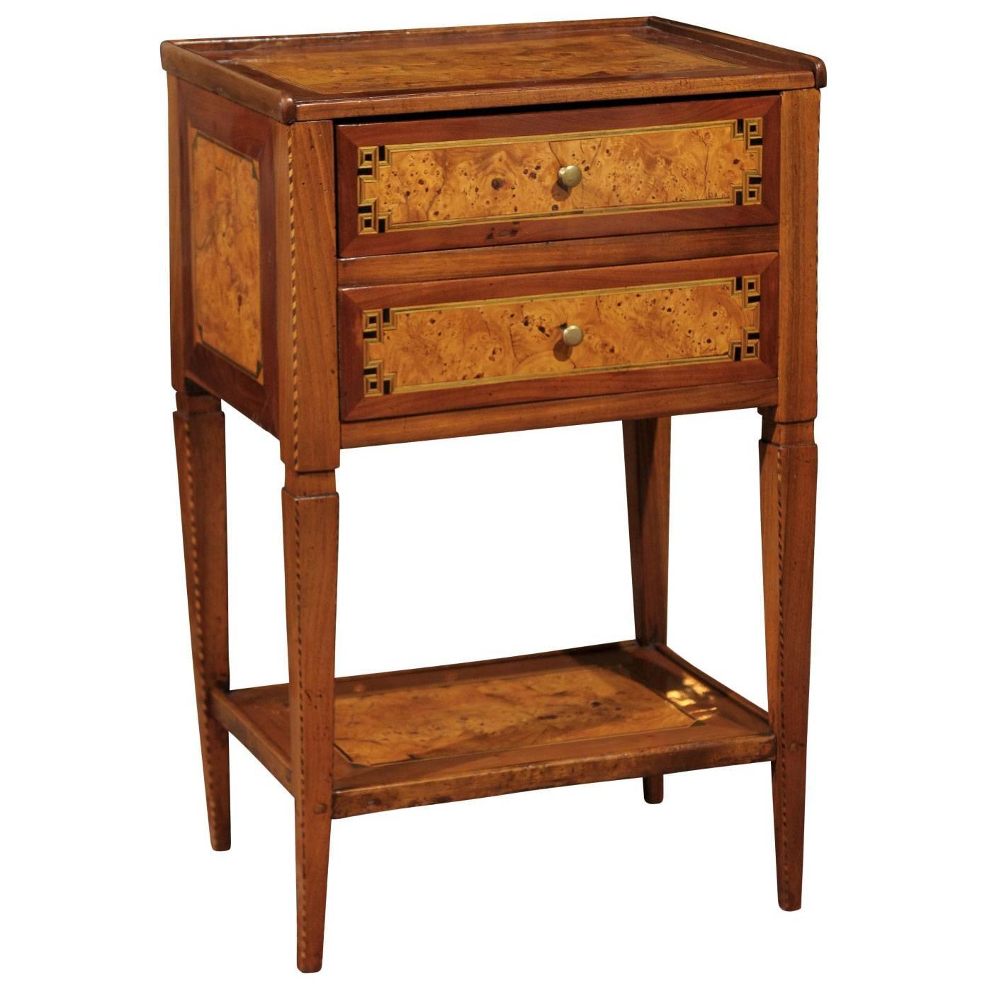 Late 18th Century French Two-Drawer Table in Burled Yew, Walnut and Fruitwood