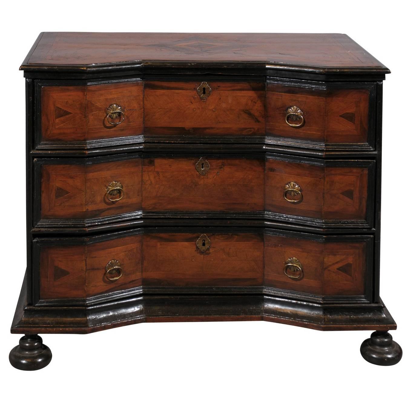 Late 17th Century Italian 3 Drawer Commode with Yew Wood Inlay 
Bun Feet