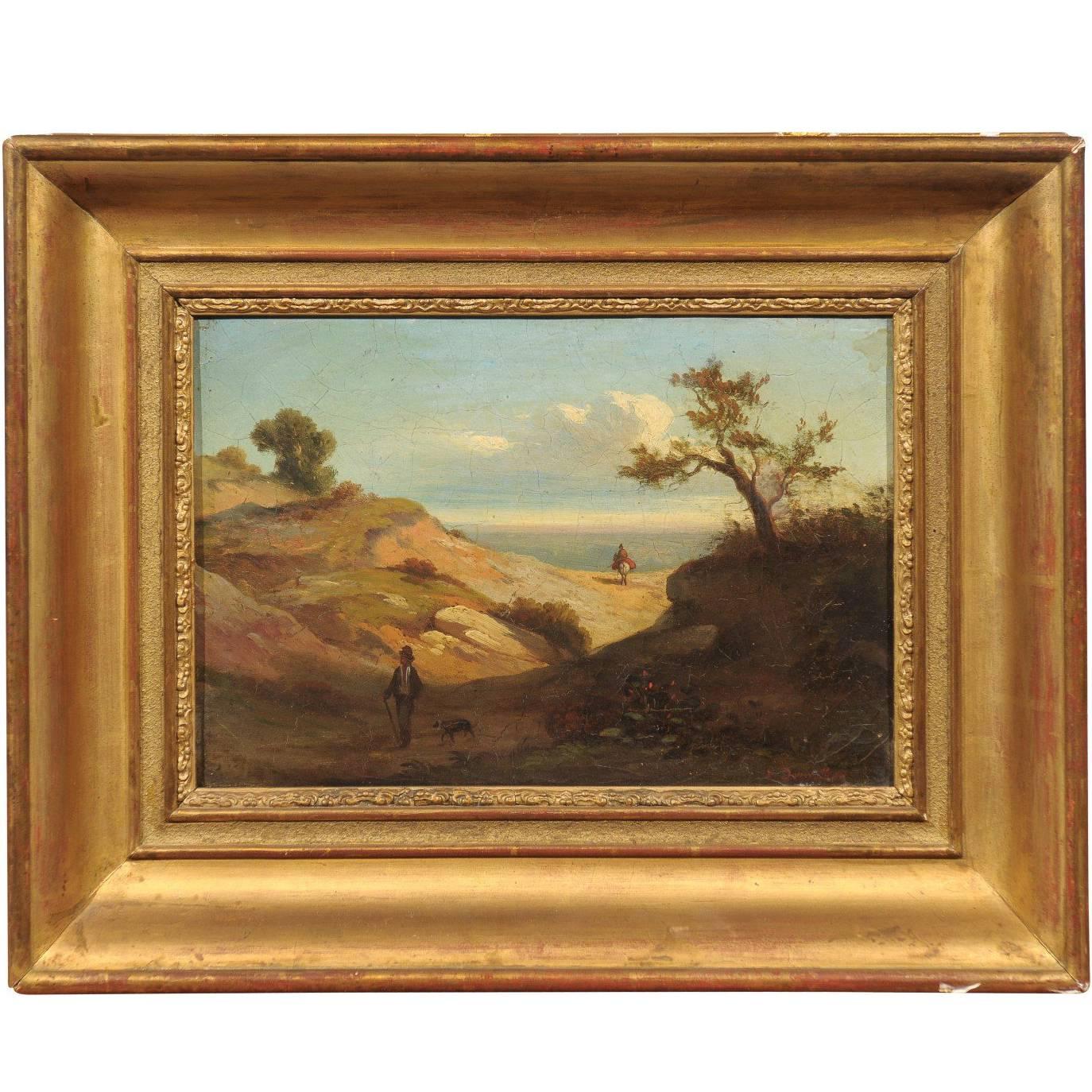 19th Century Italian Oil on Canvas Landscape Painting in Giltwood Frame