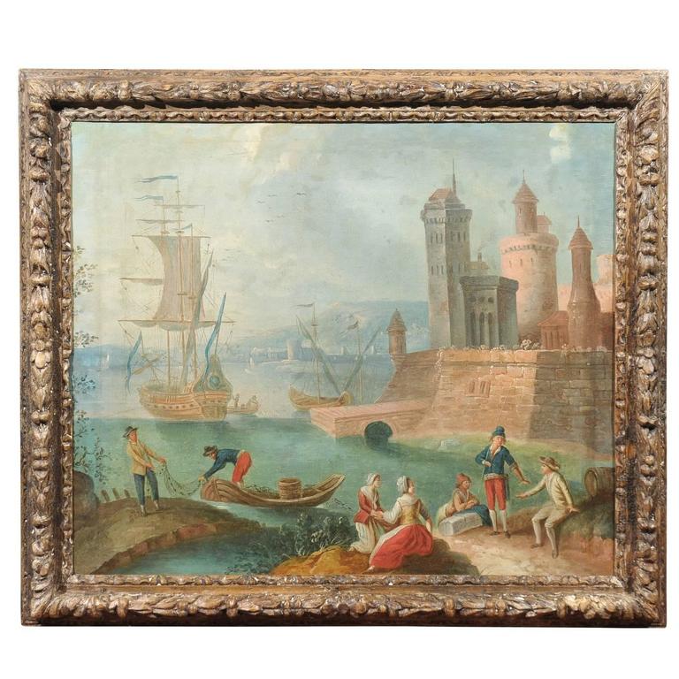 Large Framed Oil on Canvas Painting of Harbor, circa 1800 For Sale at