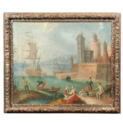 Large Framed Oil on Canvas Painting of Harbor, circa 1800