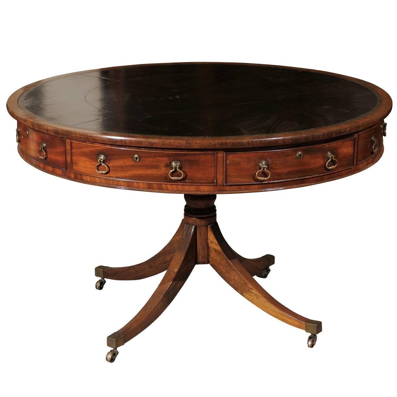 19th Century English Mahogany Rent Table with Leather Top