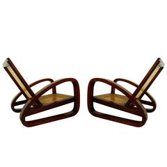 Pair of Wooden Armchairs, Rattan Canework, 1940
