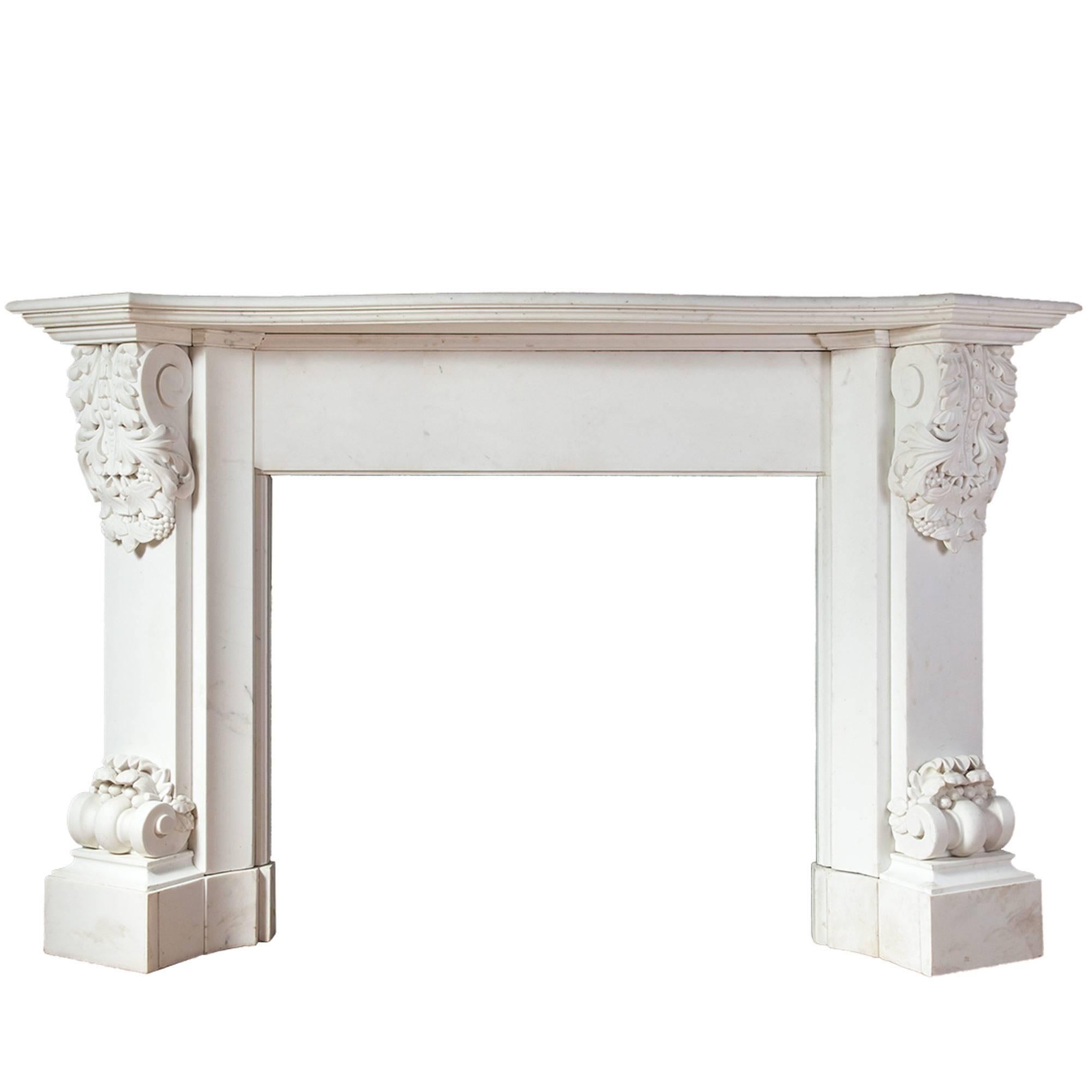 Antique Carved White Statuary Marble Fireplace For Sale