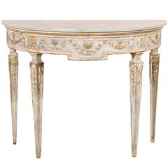 Italian Late 18th Century Demilune Table with White and Grey Vein Marble Top