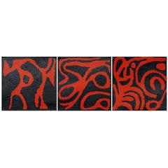 Triptych of Black and Red Australian Aboriginal Paintings