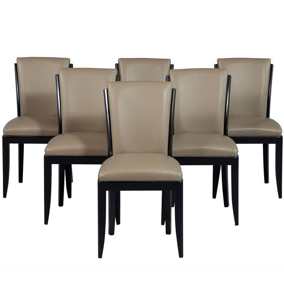 Set of Six French Art Deco Leather Dining Chairs
