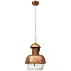 Antique Early 20th Century Copper and Frosted Glass Pendant Light, France, circa 1900