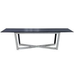 Vintage Hollywood Regency Black Lacquer Dining Table with Mirrored X-Base 3