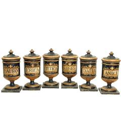 Beautiful, Rare Set of Six Apothecary Wooden Jars in Purest Neoclassical Style