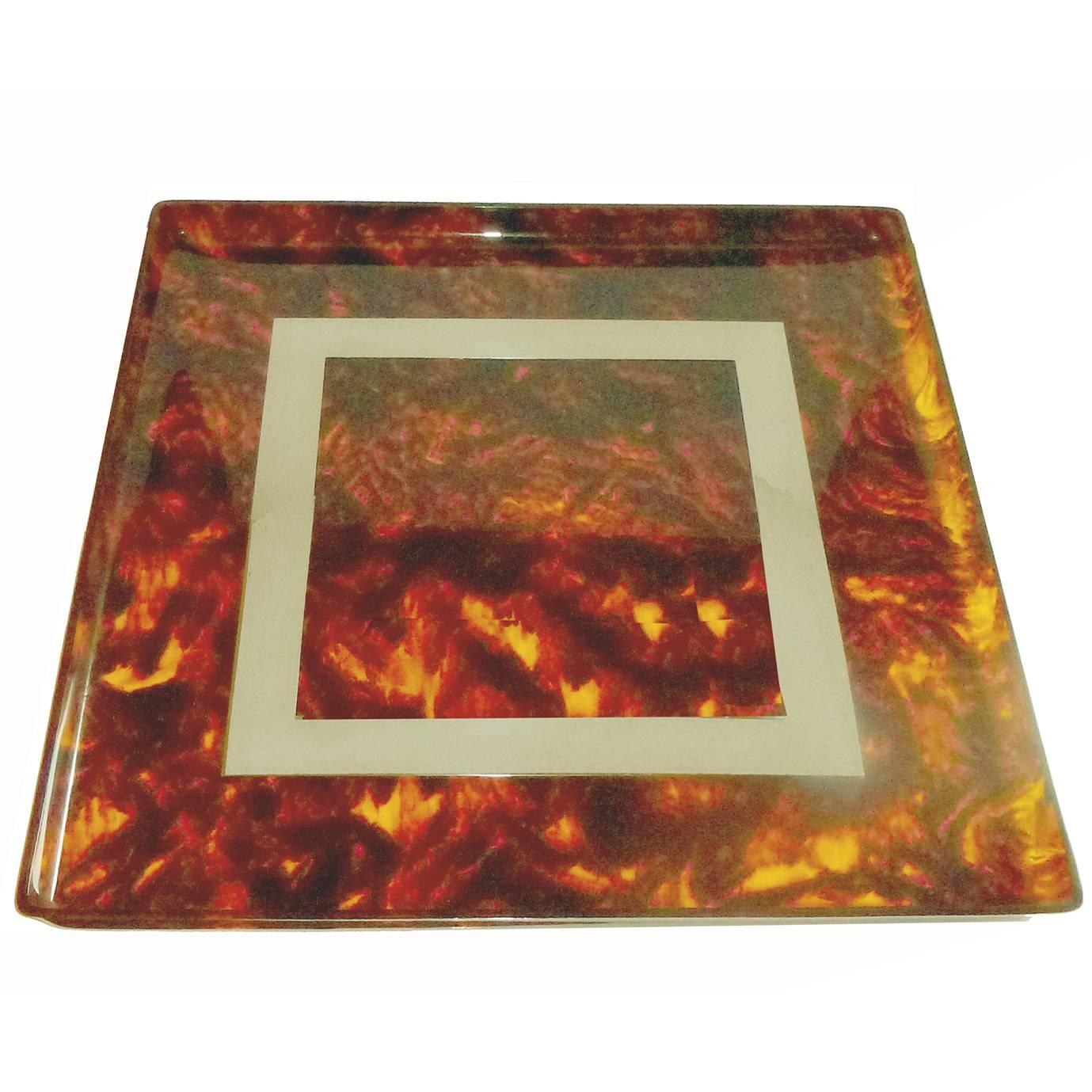 Acrylic and Chrome Square Tortoiseshell Look Barware Tray For Sale
