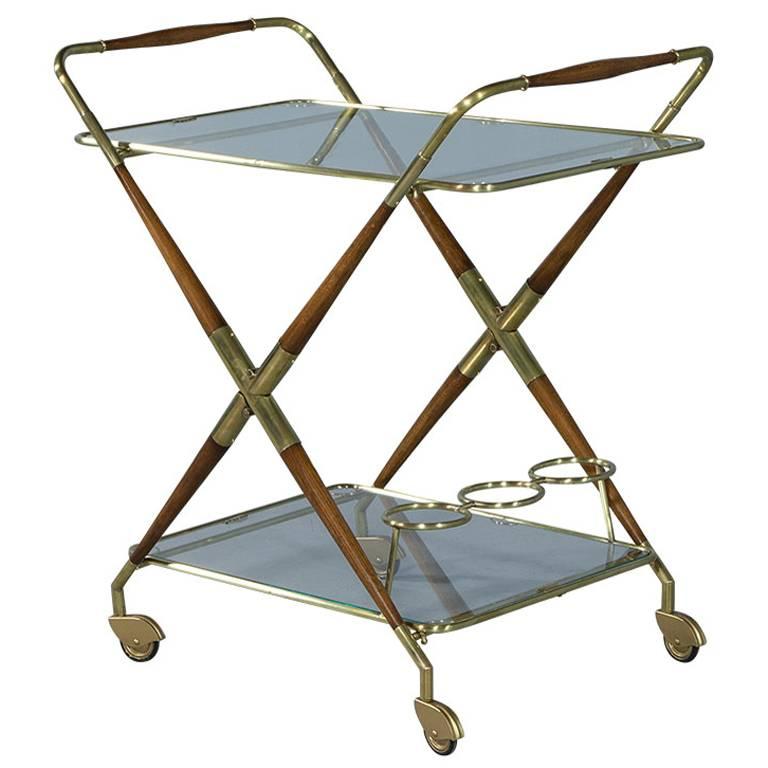 Antique Polished Brass and Wood Bar Cart