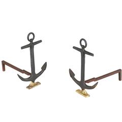 Mid-Century Brass and Iron Anchor Andirons