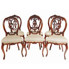 Rare Set of Six 19th Century Carved Walnut Victorian Dining Chairs