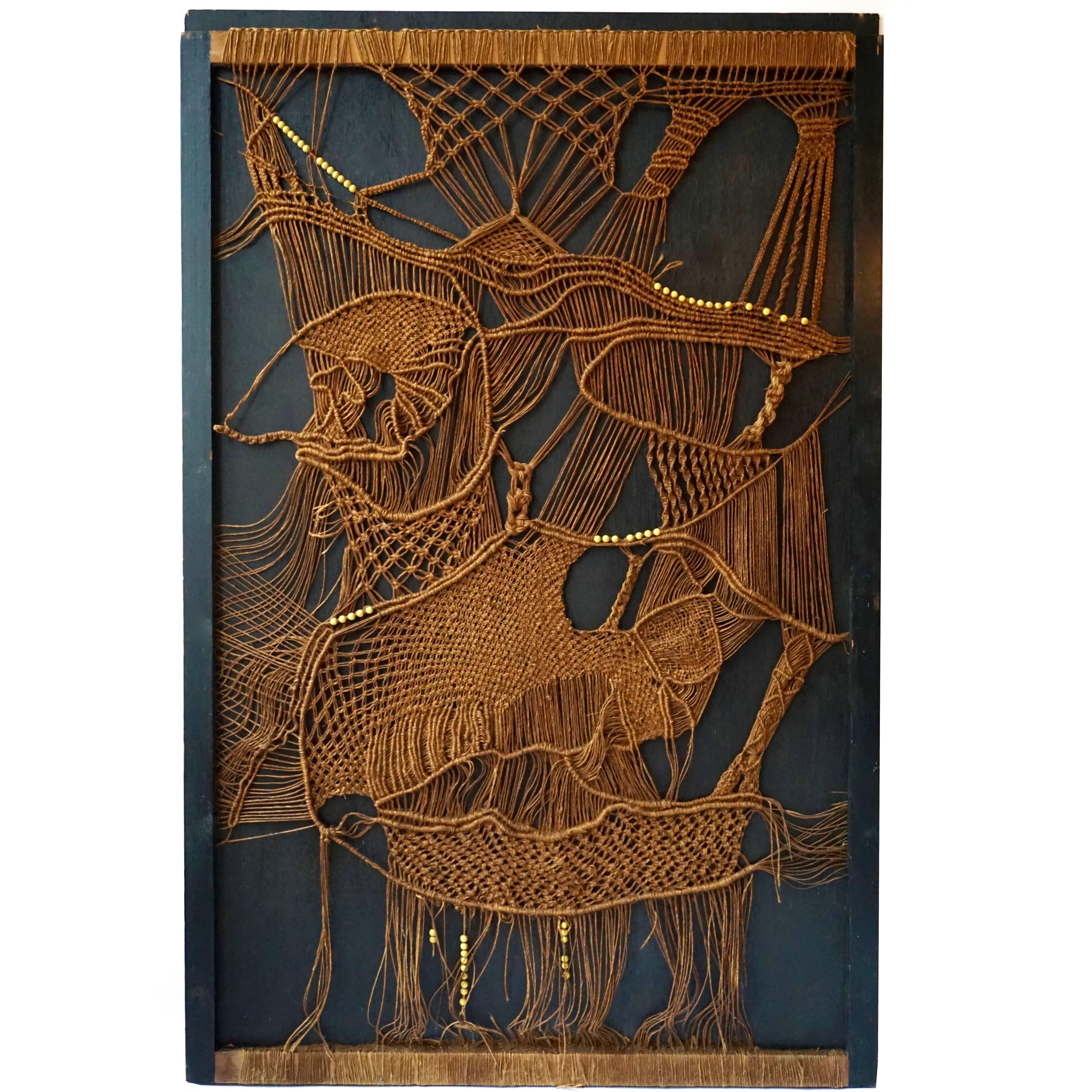 1970s Macramé Panel of Woven and Beaded Rope Tapestry