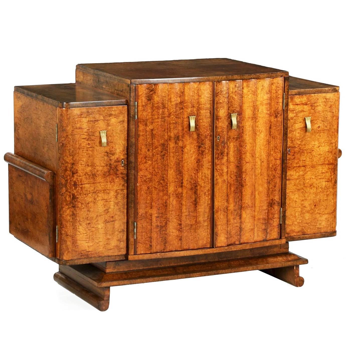 Art Deco Amboyna Veneered Stepped Console Cabinet with Drawers, circa 1930