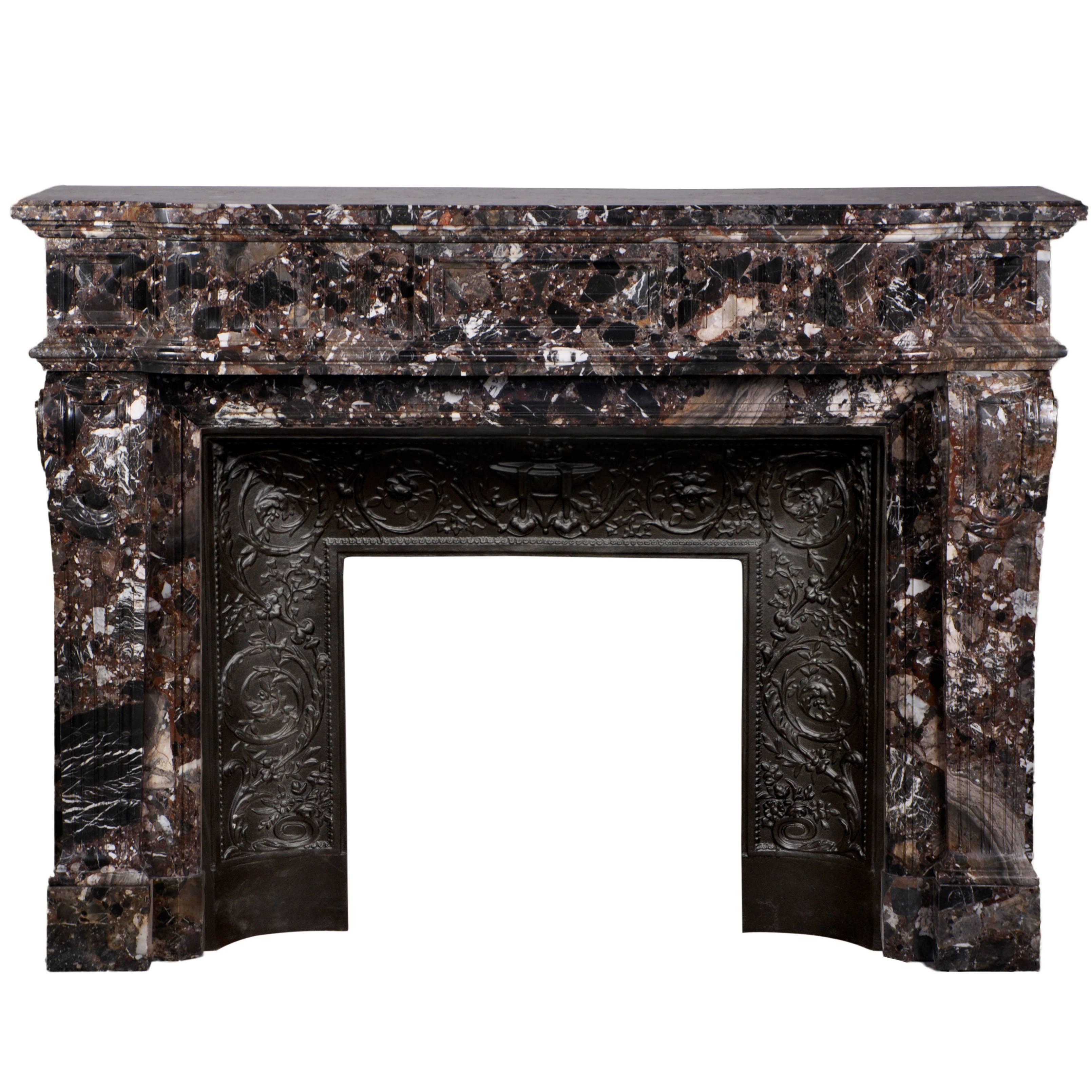 Antique Louis XVI Style Fireplace in Breccia Marble with Flutings Decor For Sale