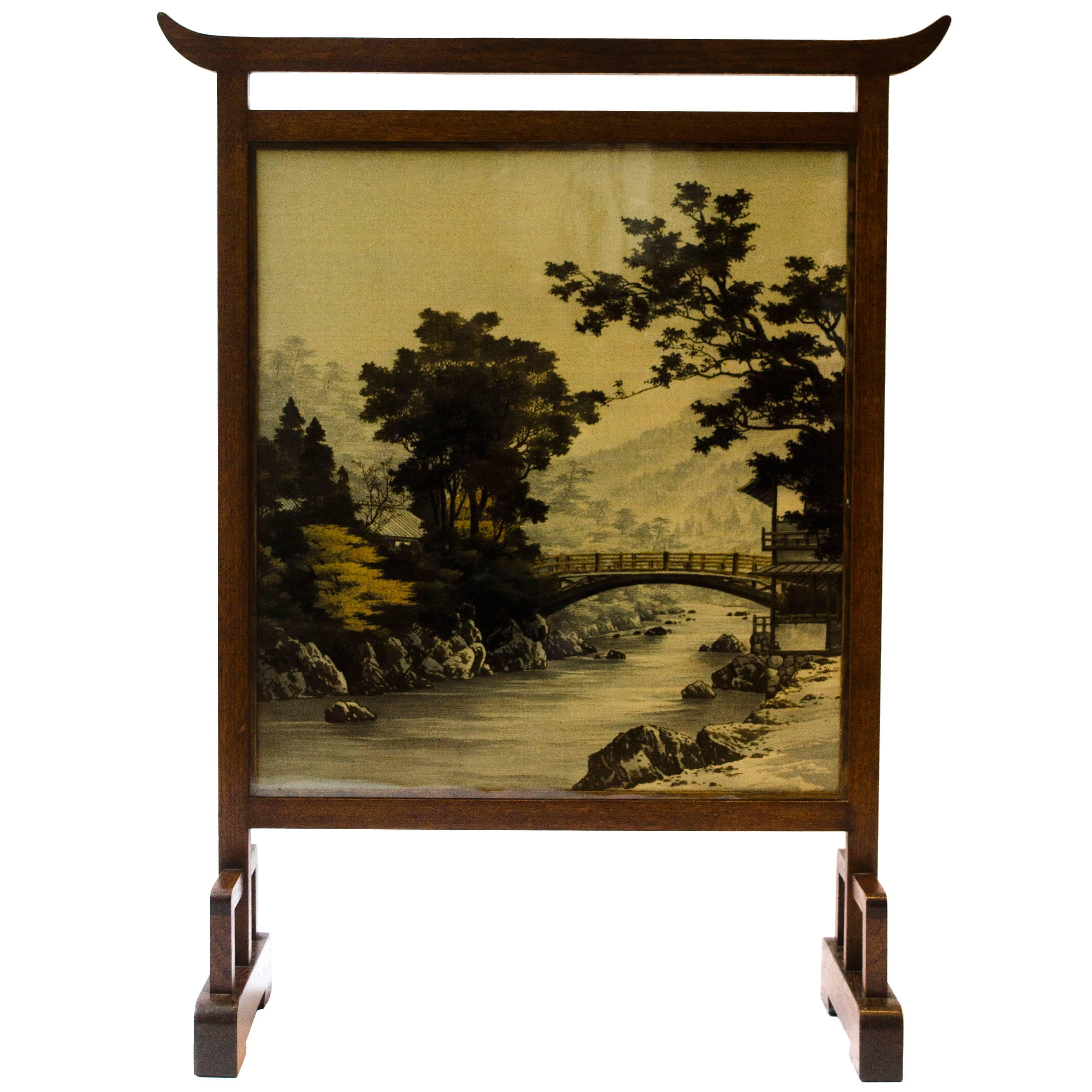 E W Godwin. Anglo Japanese Mahogany Fire Screen with Original Silk Country Scene For Sale