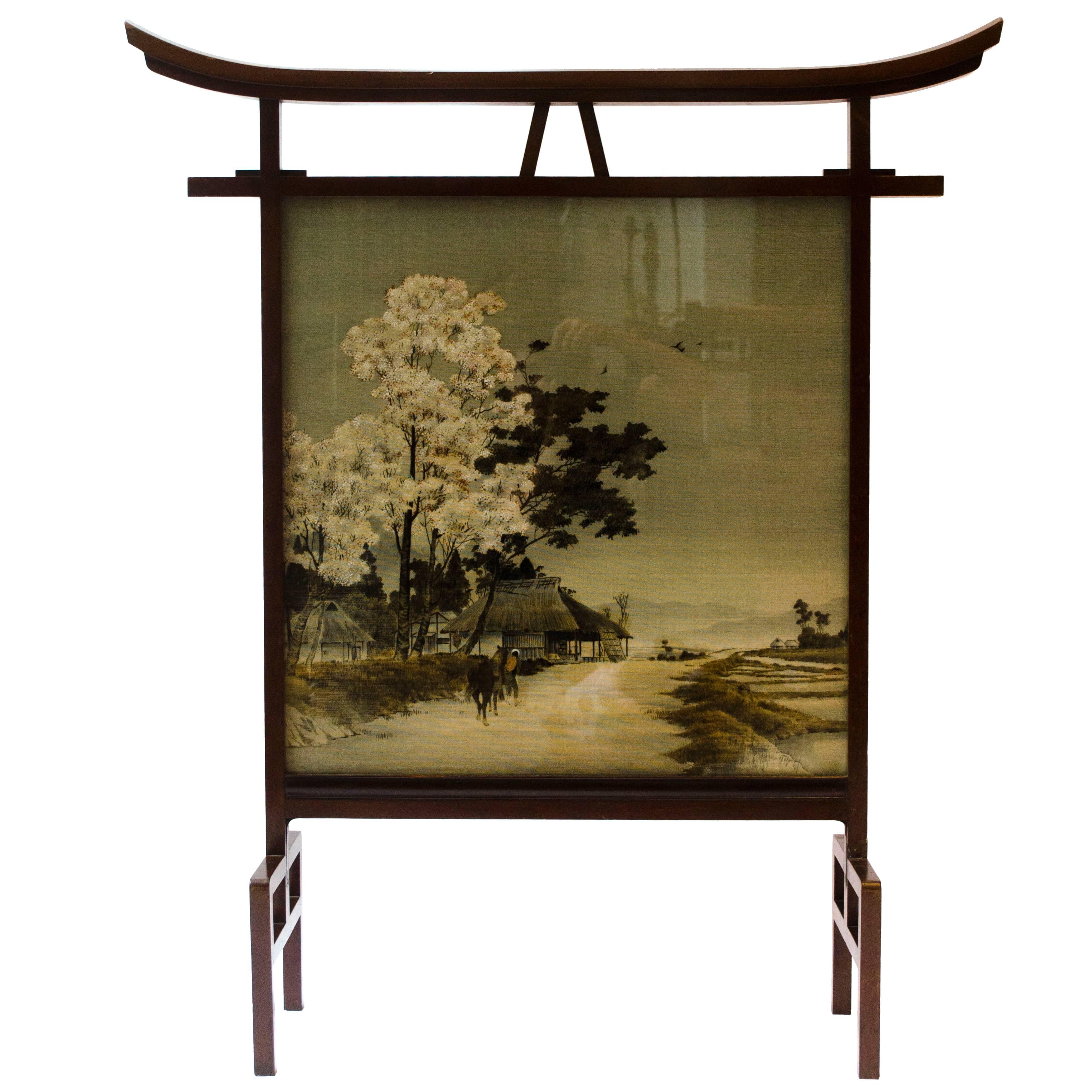 A Rare Anglo-Japanese Fire Screen designed by E W Godwin With Kissing Birds Silk