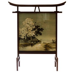 A Rare Anglo-Japanese Fire Screen designed by E W Godwin With Kissing Birds Silk