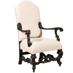 Italian 19th Century Dark Carved Wood Fauteuil/Armchair with New Upholstery 9