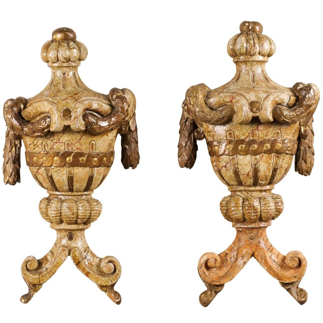 Pair of Wood Wall Hanging Architectural Fragment Ornaments Representing Urns