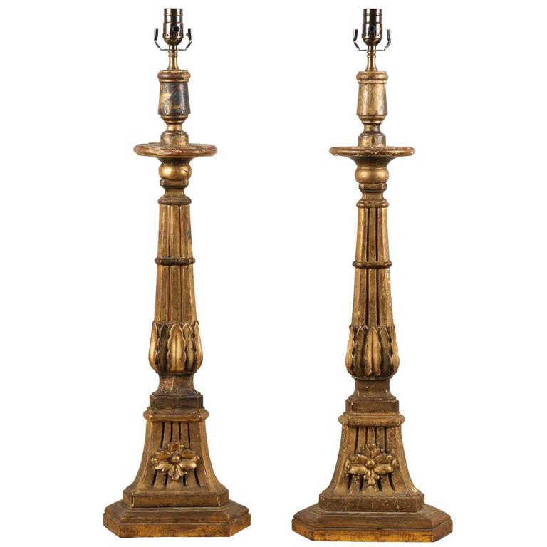 Italian 19th Century Wood Candlesticks Made into Table Lamps with
