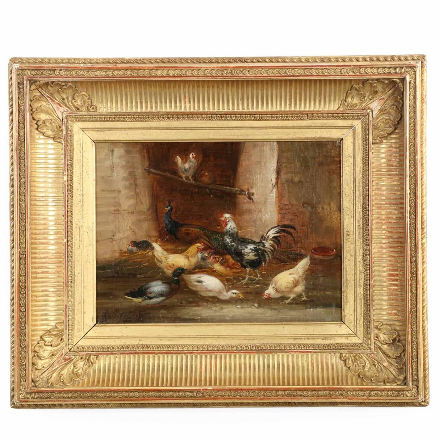 Barnyard Painting of Chickens, Peacock and Ducks by Claude Guilleminet