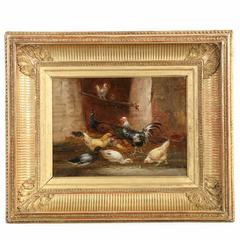 Antique Barnyard Painting of Chickens, Peacock and Ducks by Claude Guilleminet