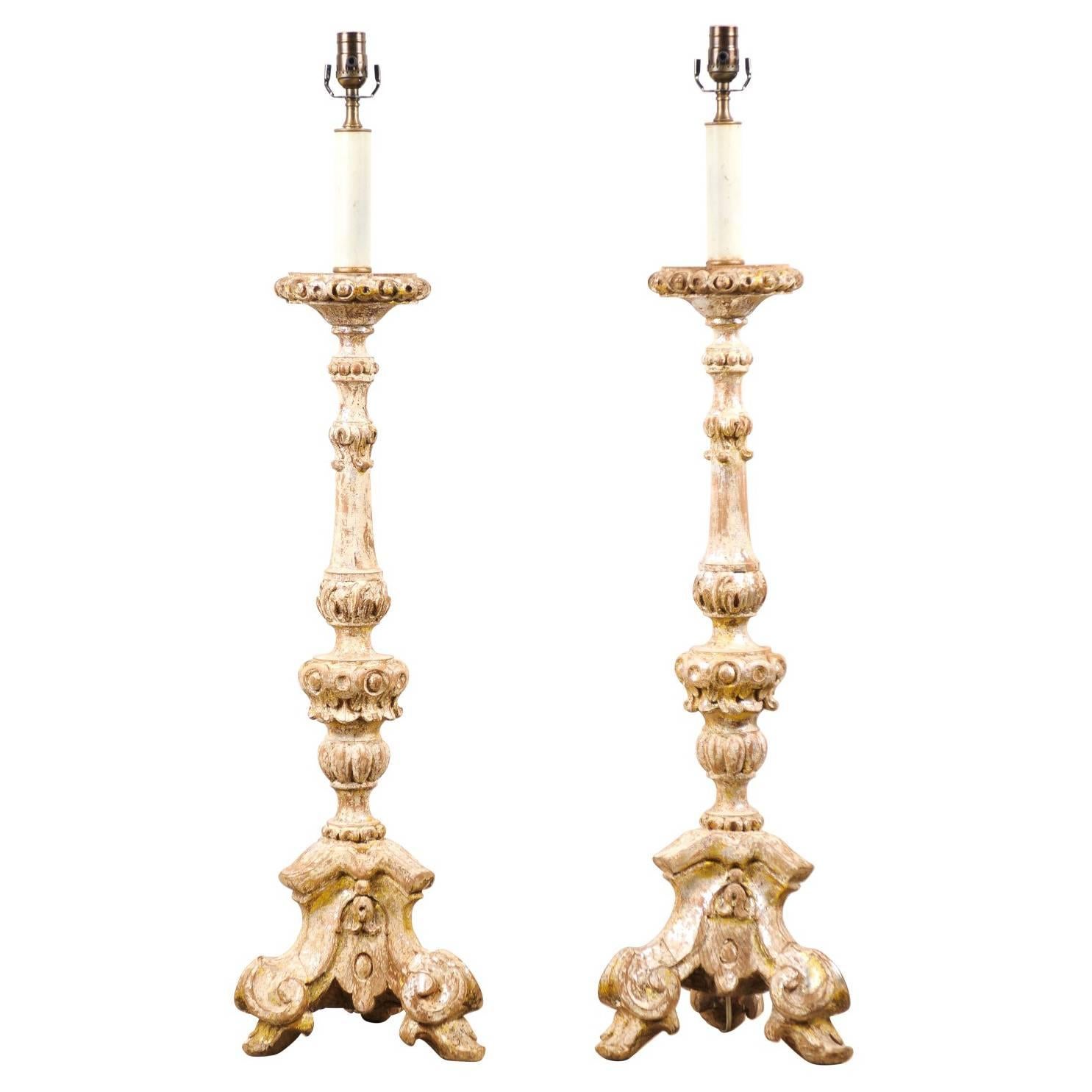 Pair of Table Lamps Made from 19th Century Wood Altar Sticks, Silver Finish