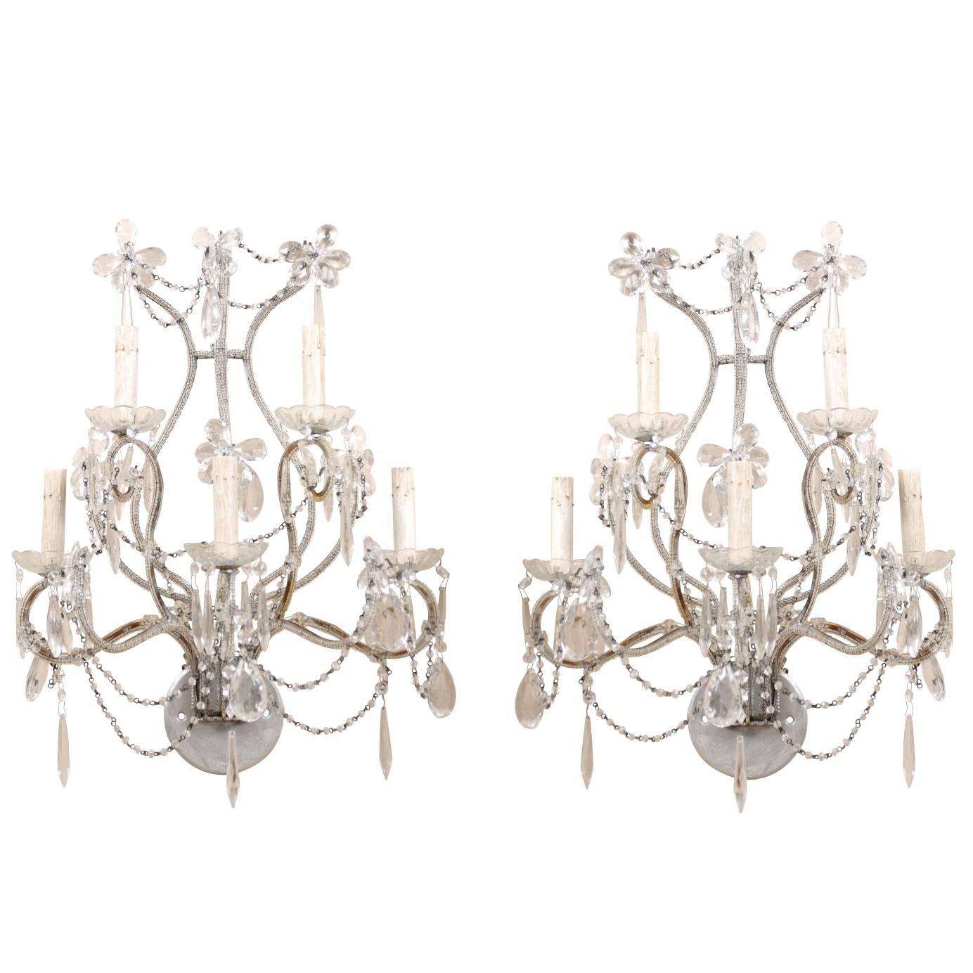 Pair of Crystal Five-Light Sconces from the Mid-20th Century with Flower Motifs