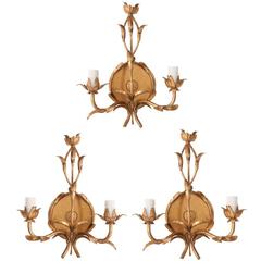 Set of Three Vintage French Two-Light Foliate Gilt Sconces