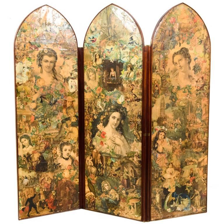 Victorian Mahogany-Framed Decoupage Screen