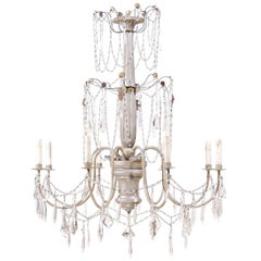 Italian Eight-Light Wood, Crystal and Metal Painted Silver Three Tier Chandelier