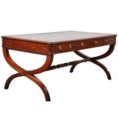 Antique 1920s English Mahogany Desk with Embossed Leather Top