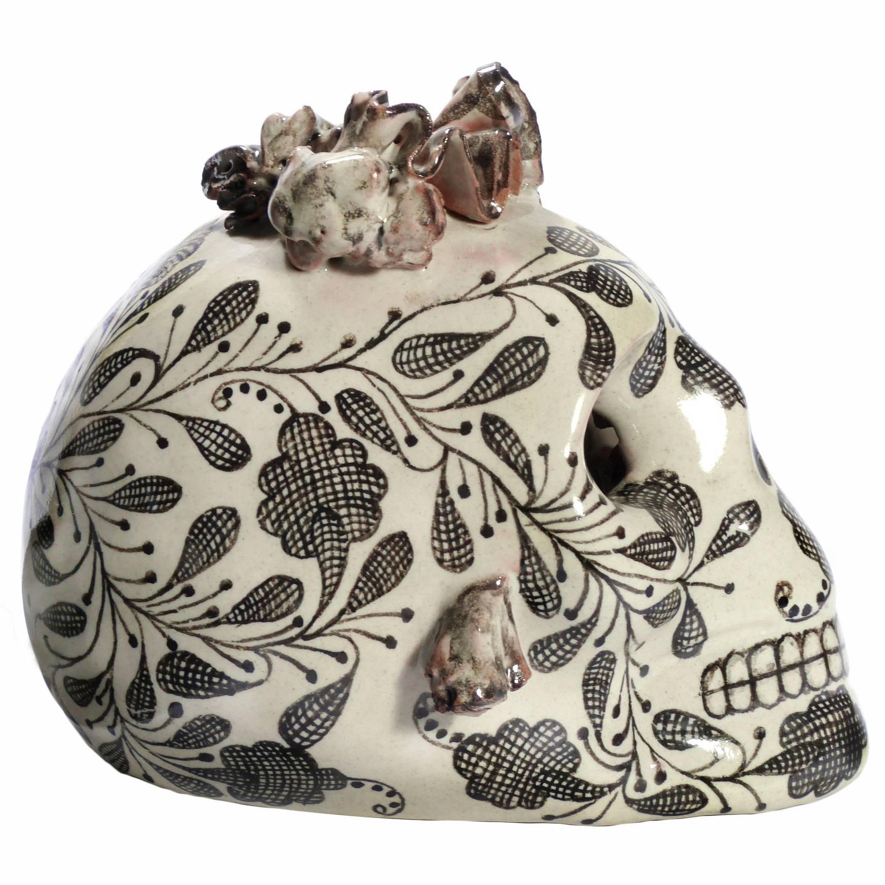 Blank and White Talavera Ceramic Mexican Skull For Sale