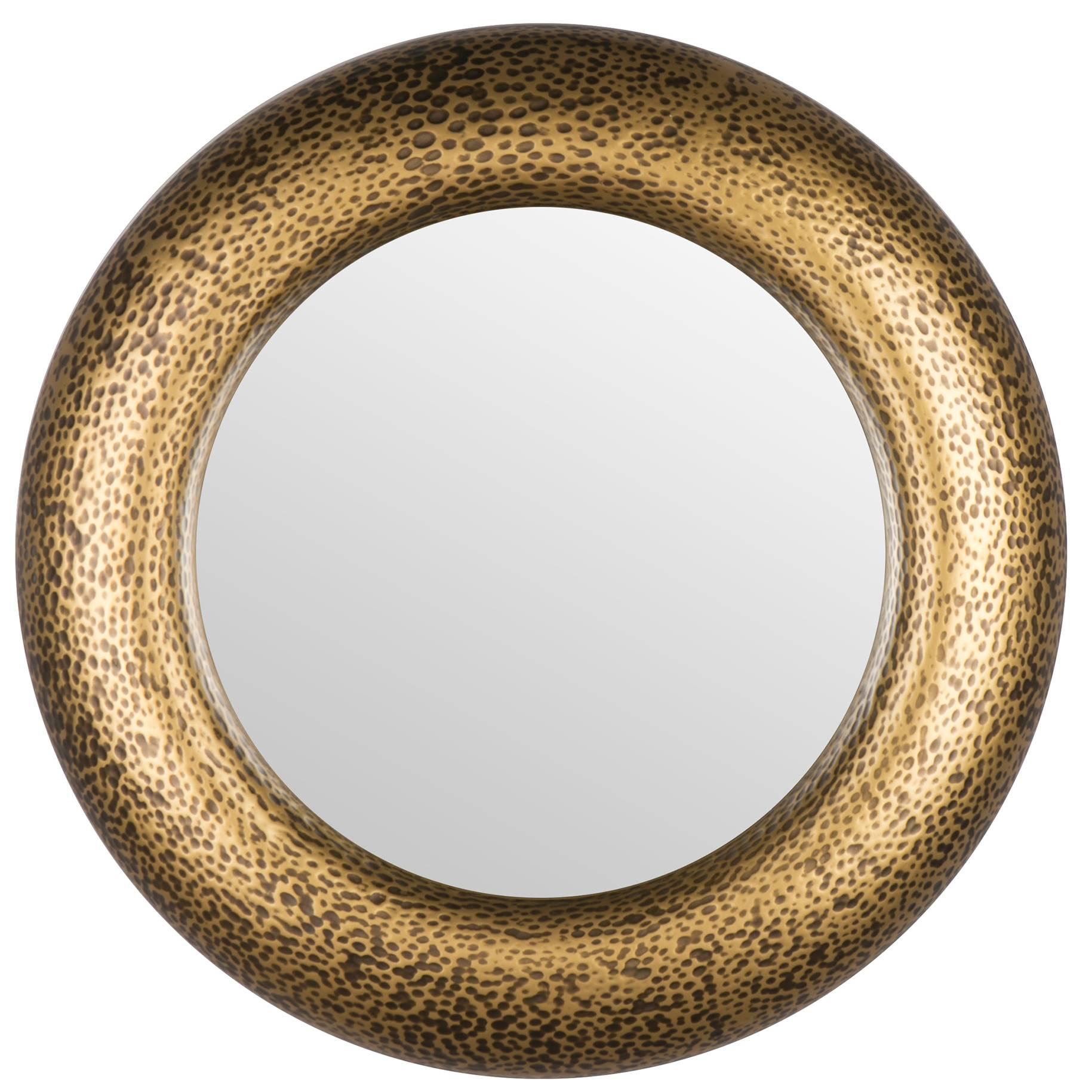 Large Modern French Gilded Hammered Resin Round Wall Mirror For Sale