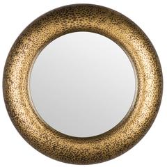 Large Modern French Gilded Hammered Resin Round Wall Mirror