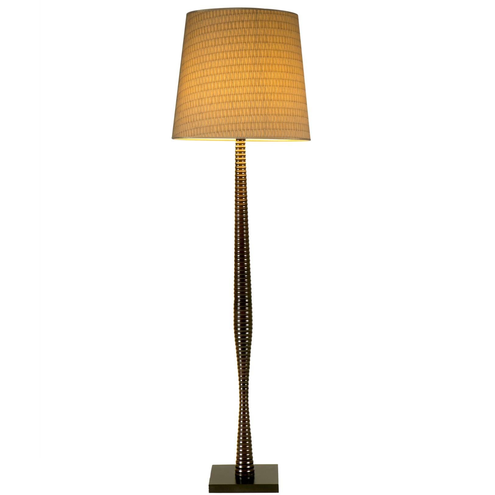 Pair of French Modern Turned Wood Floor Lamps with Beige Shade For Sale