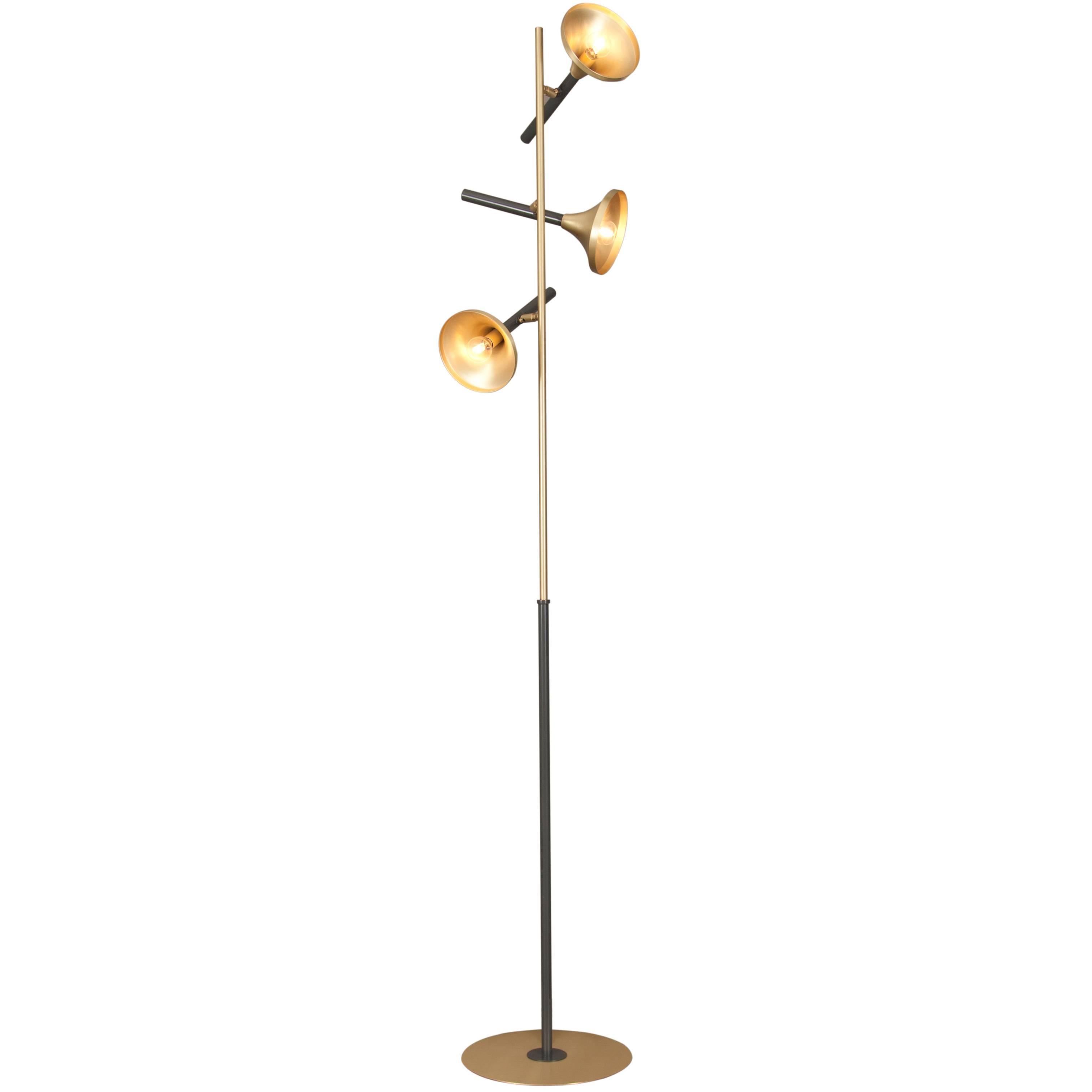 French Modern Three Shade Brass and Enameled Floor Lamp For Sale