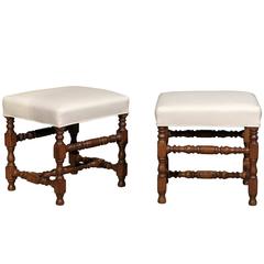 Antique Pair of Louis XIII Style 18th Century Stools with Turned Legs and Stretcher