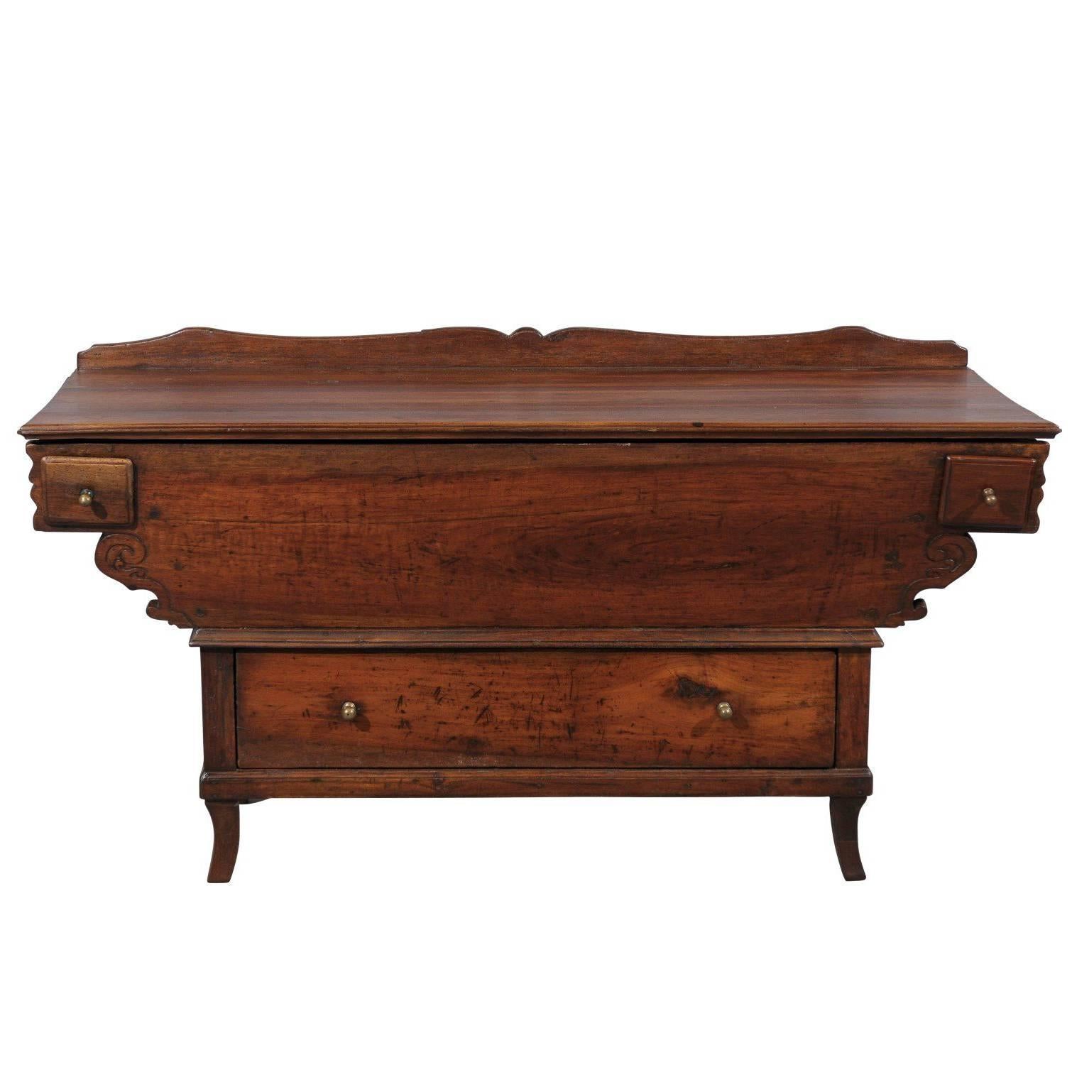 18th Century Swiss Dough Bin in Walnut and Elm with Lift Top & Lower Drawer