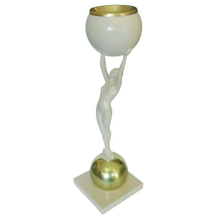 Frankart Style Beige and Brass Nude Figural Cocktail Smoker