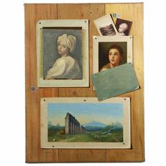 Antique Trompe d'Oeil of Portrait Paintings, Landscape and Stamps by Francesco Alegiani