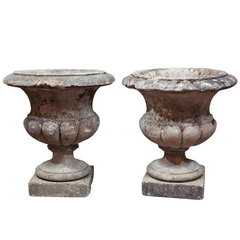Pair of Carved Stone Urns For Sale