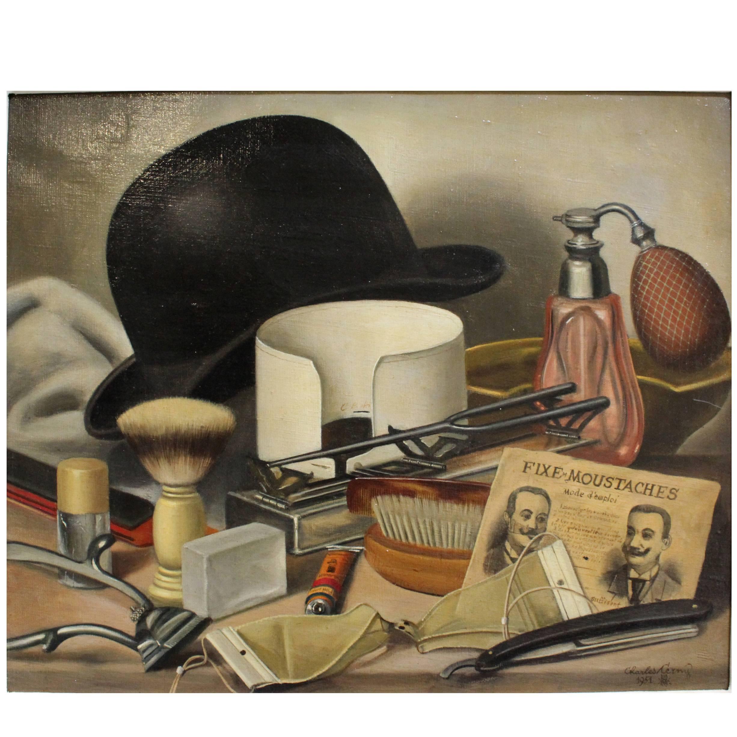 Still Life Painting of Men's Grooming Items by Charles Cerny For Sale
